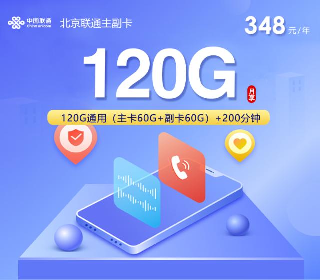联通北京主副卡【348元包年每月120G+200分钟】